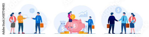 Business porters a successful team. The investor holds money. financing of creative projects. woman and man business handshake. Vector illustration on white background.