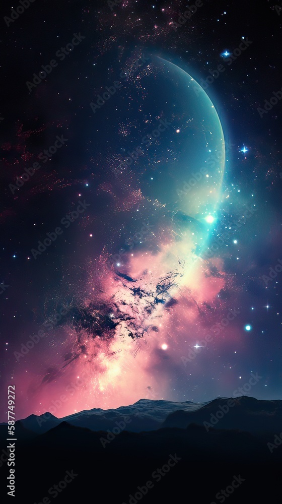 Abstract outer space endless nebula galaxy background. Large view of a colorful dark nebula in space. Cosmic background with bright shining stars, galaxies, and a deep universe. Generative ai	
