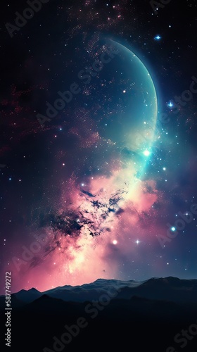 Abstract outer space endless nebula galaxy background. Large view of a colorful dark nebula in space. Cosmic background with bright shining stars, galaxies, and a deep universe. Generative ai 