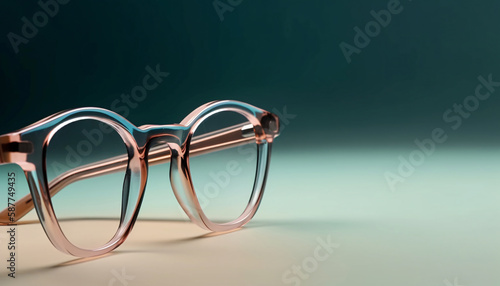 Translucent eyeglass frames on a blurred turquoise background. Generative AI