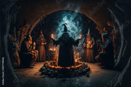 Gloomy dramatic backdrop, witch in black robe performing ritual in gloomy dark forest and cave. Background for Halloween holiday. Magical atmosphere background, magic. Generative AI