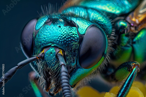 Extreme closeup of a bee on a flower - Generative AI © jovannig