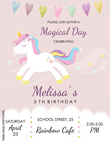 Pony theme cute invitation card template for child baby girl unicorn colors illustration 