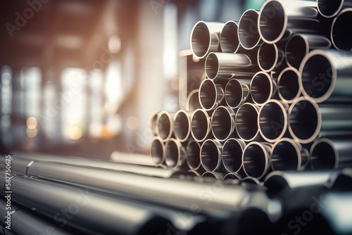 Print op canvas a stack of steel pipes in a warehouse or factory with a blurry background