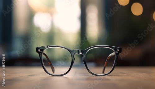 Frame of glasses of rounded shape on the table on a blurred background. Generative AI