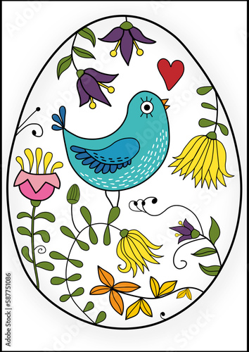 Illustration of a bird in flowers. Easter Bird Spring