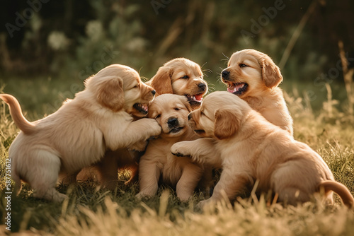 A group of golden retriever puppies playfully tumbling over one another in a grassy field, their wagging tails and joyful expressions highlighting their energetic and friendly, ai generativea photo