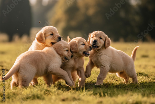 A group of golden retriever puppies playfully tumbling over one another in a grassy field, their wagging tails and joyful expressions highlighting their energetic and friendly, ai generative