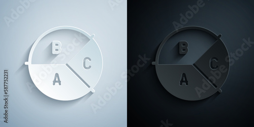 Paper cut Pie chart infographic icon isolated on grey and black background. Diagram chart sign. Paper art style. Vector