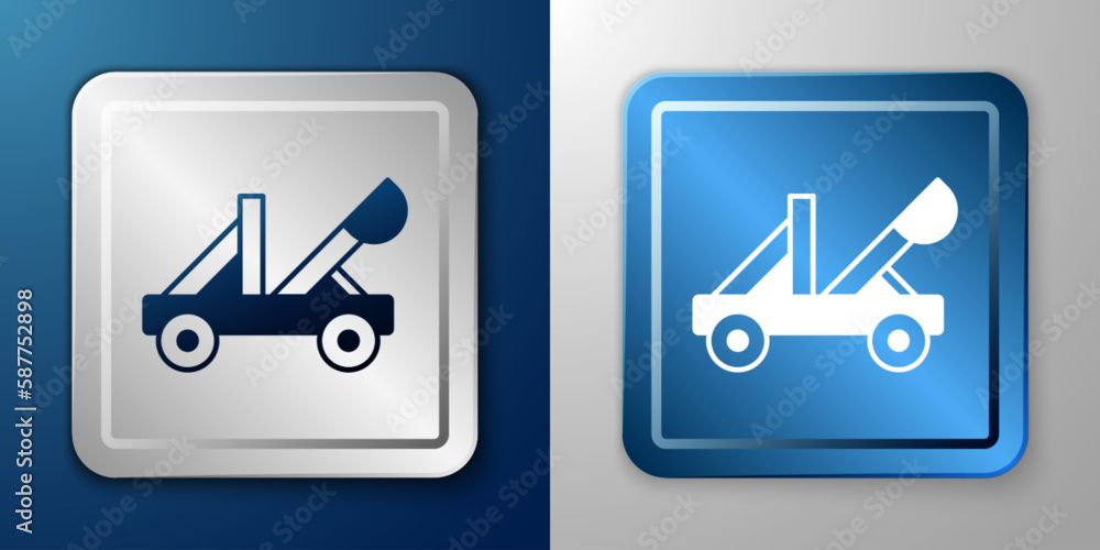 White Old medieval wooden catapult shooting stones icon isolated on blue and grey background. Silver and blue square button. Vector White Old medieval wooden catapult shooting stones icon isolated on blue and grey background. Silver and blue square button. Vector