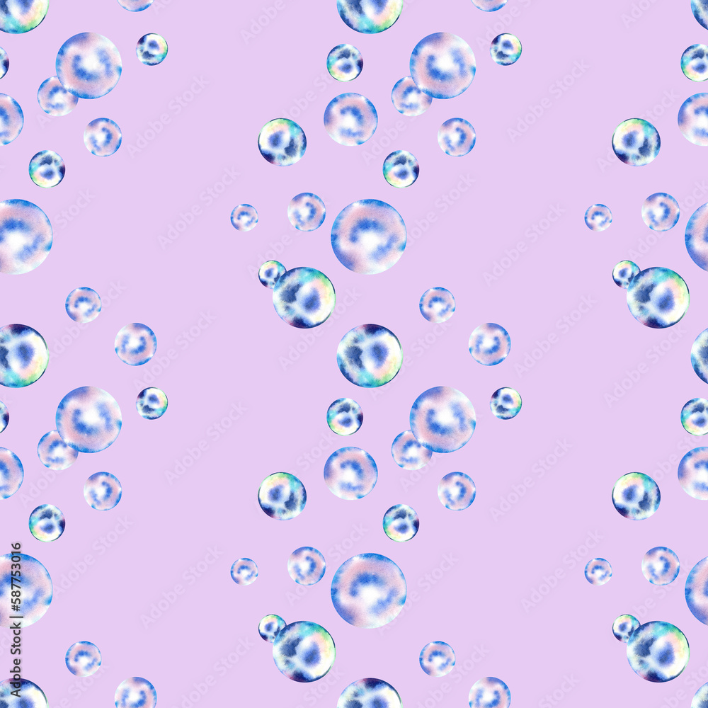 Seamless pattern of bubbles. Collage of pearls of the south coast. Watercolor illustration. Background. Mosaic.