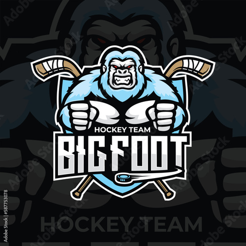 yeti mascot logo for the ice hockey team logo. vector illustration. With a combination of shields badge  puck and ice hockey stick