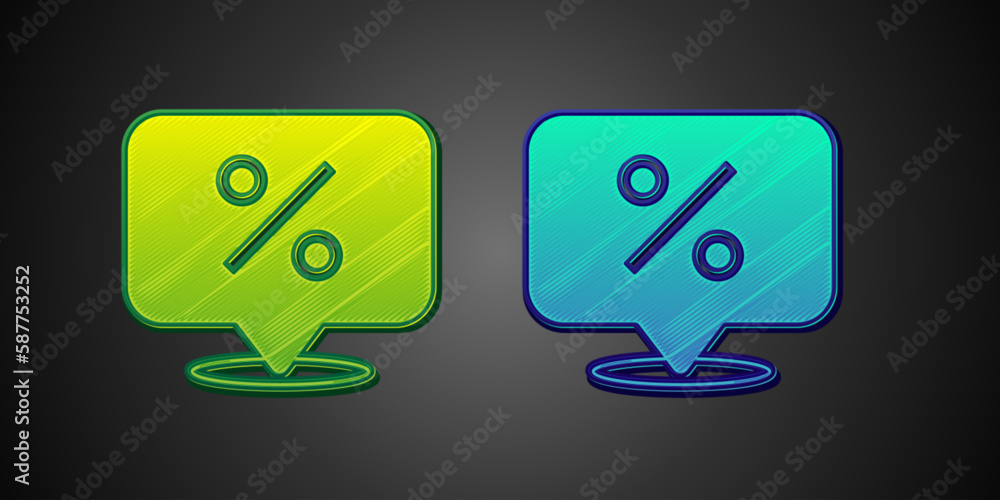 Green and blue Discount percent tag icon isolated on black background. Shopping tag sign. Special offer sign. Discount coupons symbol. Vector