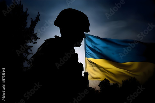Silhouette of a Ukrainian soldier on the background of the flag of Ukraine, Generative AI 4