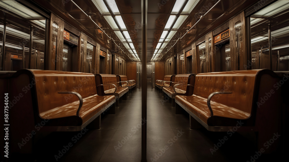 subway car with its wooden benches . Generative Ai