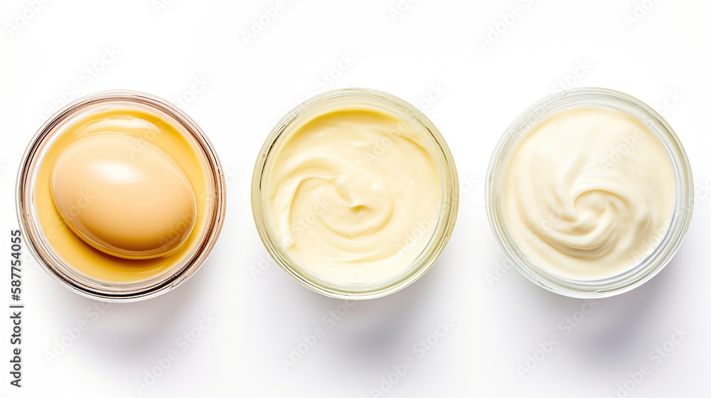 Homemade mayonnaise and mayonnaise ingredients isolated on a white background. Top view. Generative Ai - obrazy, fototapety, plakaty 