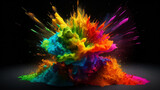 colorful rainbow holi paint color powder explosion isolated on dark black background. Generated AI