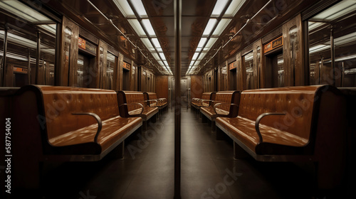 subway car with its wooden benches . Generative Ai