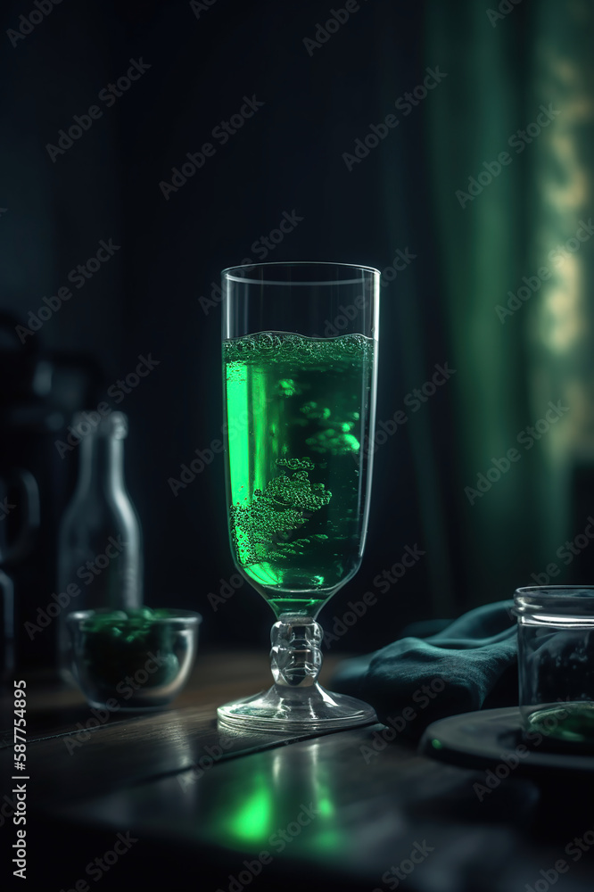 glass of green liquid sitting on a table. Generative Ai glass of green liquid sitting on a table. Generative Ai