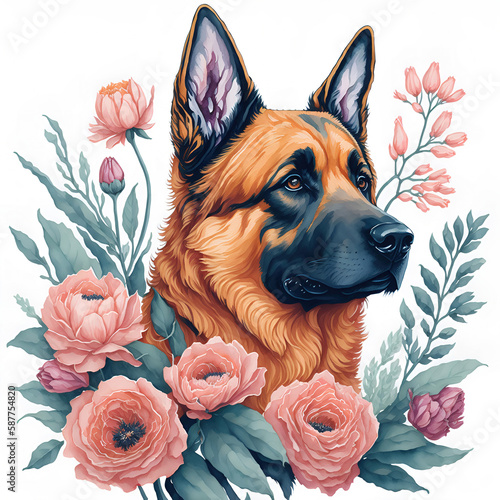 Wallpaper Mural German Shepherd and flowers on white background Torontodigital.ca