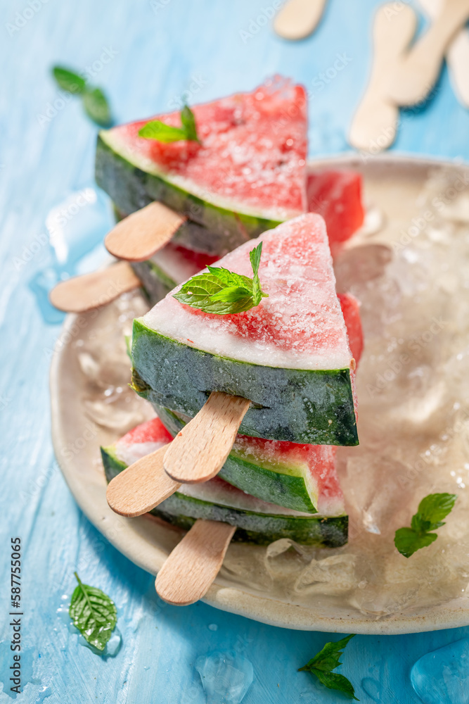 Juicy and sweet watermelon ice cream on cold ice.