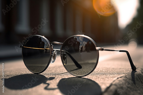 pair of sunglasses sitting on top of a sidewalk. Generative Ai