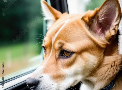 close up of a dog looking ouf of a window