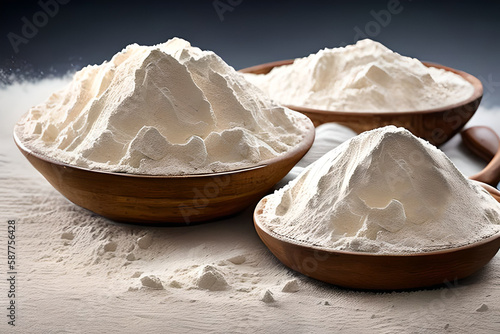 Three bowl of flour on the table that is full of flour spill, studio shot and marketing presentation. Generative AI.