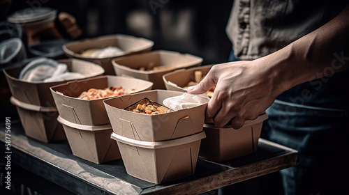 Diverse of paper containers for takeaway food. Delivery man is carrying. Generative Ai