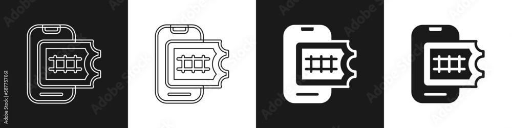 Set Online ticket booking and buying app interface icon isolated on black and white background. E-tickets ordering. Electronic train ticket on screen. Vector Set Online ticket booking and buying app interface icon isolated on black and white background. E-tickets ordering. Electronic train ticket on screen. Vector