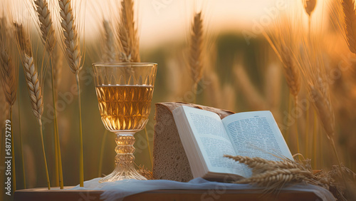 Poster with copy space for Shavuot with wheat, Torah and wine - Generative AI photo