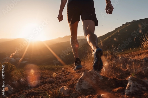illustration of a young man running on a hill. focus on his shoes. Created with Generative AI technology.