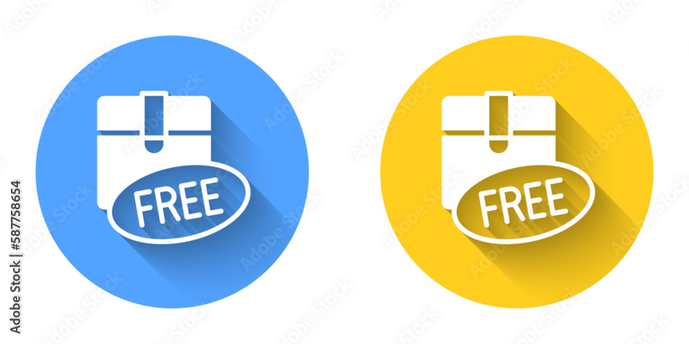 White Cardboard box with free symbol icon isolated with long shadow background. Box, package, parcel sign. Delivery, transportation and shipping. Circle button. Vector White Cardboard box with free symbol icon isolated with long shadow background. Box, package, parcel sign. Delivery, transportation and shipping. Circle button. Vector