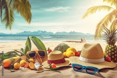 Tropical beach with sunbathing accessories, sunglasses, summer holiday concept background