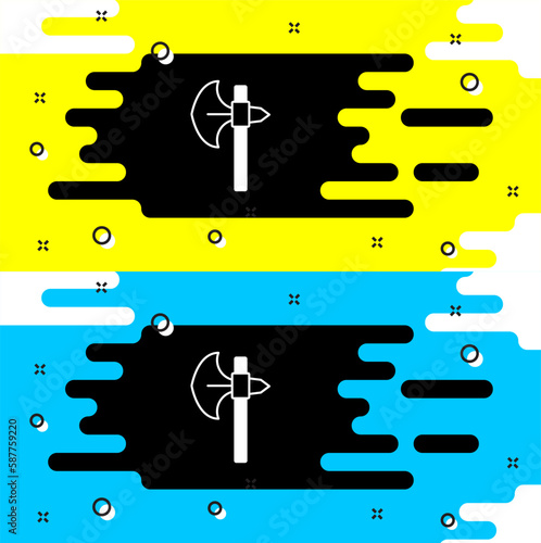 White Medieval axe icon isolated on black background. Battle axe, executioner axe. Medieval weapon. Vector