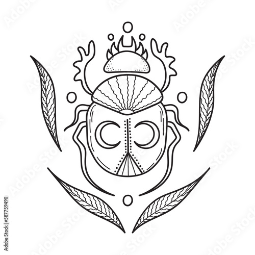 Mystical scarab beetle surrounded by leaves. Hand drawn magical doodle element for spiritual design. Line art. Vector illustration isolated on white background.