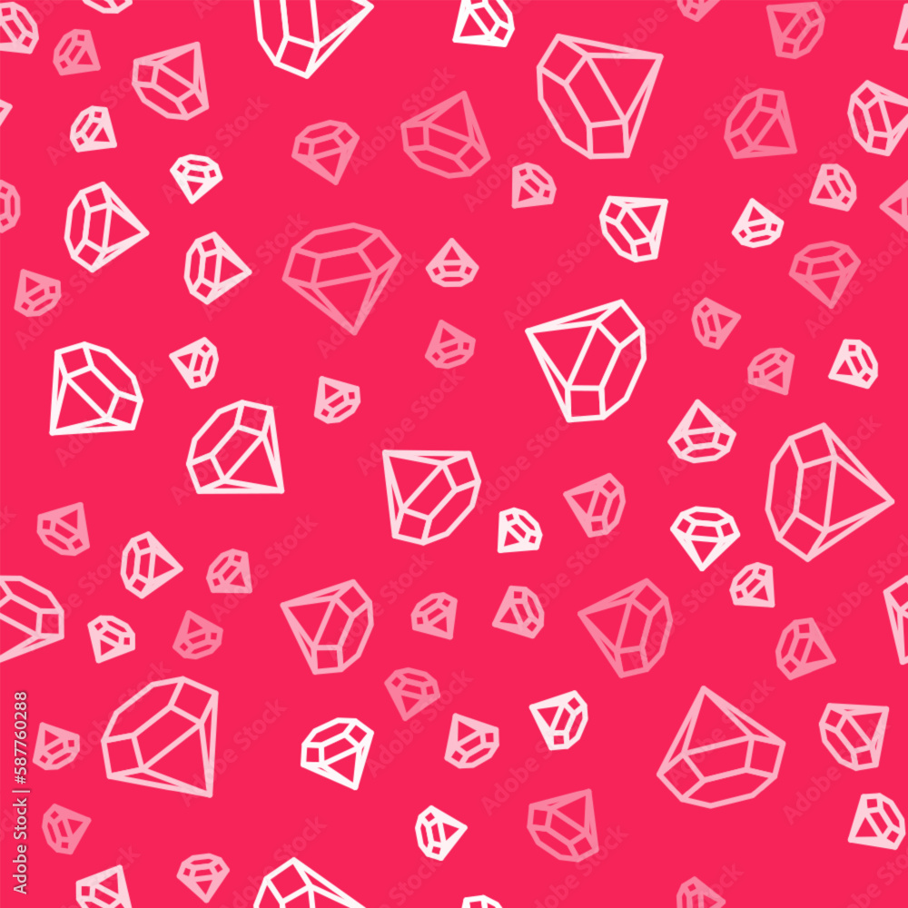 White line Diamond icon isolated seamless pattern on red background. Jewelry symbol. Gem stone. Vector White line Diamond icon isolated seamless pattern on red background. Jewelry symbol. Gem stone. Vector