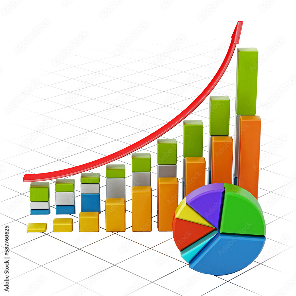 Fototapeta premium Rising sale bars and pie chart showing financial data on transparent background. 3D illustration