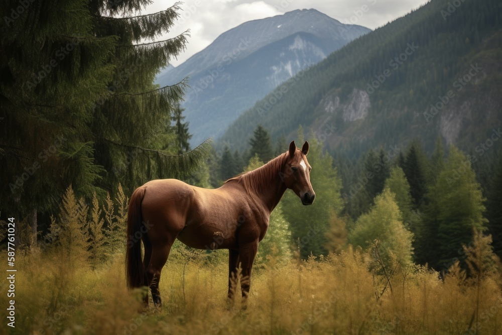 Brown Horse Grazing In A Field With Trees And Mountains In The Background. Generative AI