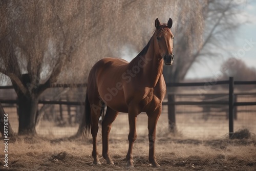 A Brown Horse Standing In A Field With A Red Barn In The Background. Generative AI