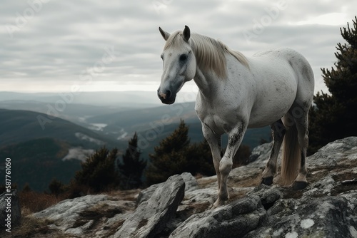 A White Horse With A Black Mane And Tail Standing On A Rocky Hilltop. Generative AI © Anastasiia