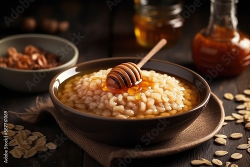 Bowl Of Barley Porridge With Honey. Generative AI photo
