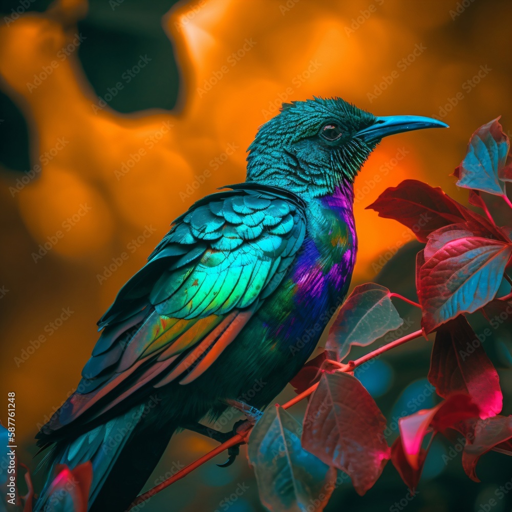 Fototapeta premium exotic multicolor iridescent bird in tropical rainforest, generative ai