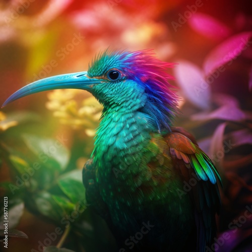 exotic multicolor iridescent bird in tropical rainforest, generative ai © CROCOTHERY