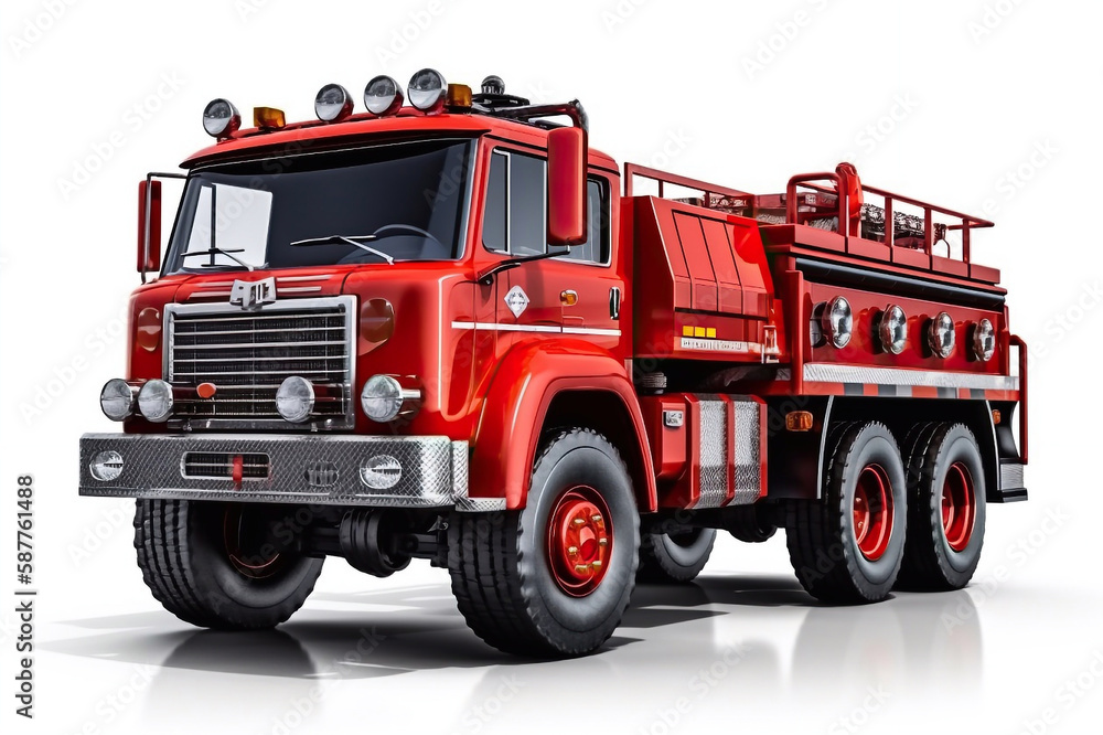 Big Red Fire Truck Isolated on White Background, Generative AI