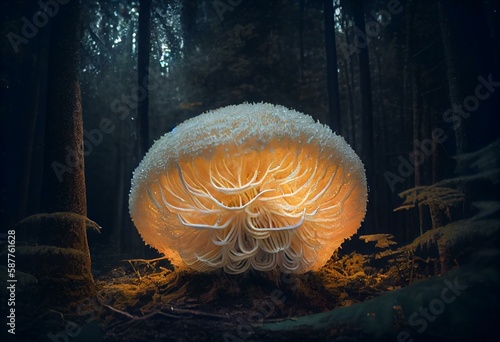 The rare Edible Lion's Mane Mushroom / Hericium Erinaceus / pruikzwam in the Forest. Beautifully radiant big giant mushroom. Generative ai photo