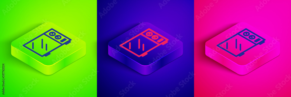 Isometric line Microwave oven icon isolated on green, blue and pink background. Home appliances icon. Square button. Vector Isometric line Microwave oven icon isolated on green, blue and pink background. Home appliances icon. Square button. Vector