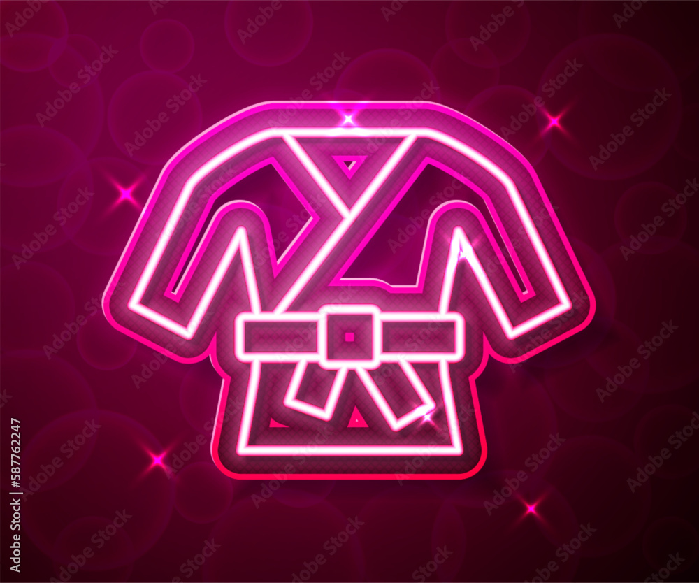 Glowing neon line Kimono icon isolated on red background. Chinese, Japanese, Korean, Vietnamese wearing national costumes, kimono. Traditional Asian costumes. Vector Glowing neon line Kimono icon isolated on red background. Chinese, Japanese, Korean, Vietnamese wearing national costumes, kimono. Traditional Asian costumes. Vector