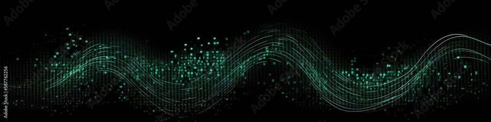 Dynamic Wave Elements Of Green Dots On A Black Background. Generative AI Dynamic Wave Elements Of Green Dots On A Black Background. Generative AI