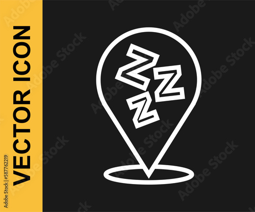 White line Sleepy icon isolated on black background. Sleepy zzz talk bubble. Vector